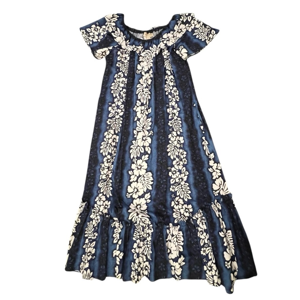 Royal Creations Blue Hawaiian Floral Ruffle MuMu Midi Dress Short Sleeve Large